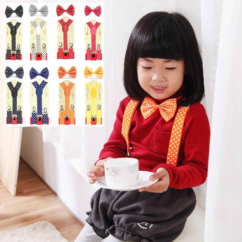 Anak-anak anak laki-laki anak perempuan "Polka Dot" pola suspender elastis untuk Celana celana dasi kupu-kupu Set Y bentuk kawat gigi kupu-kupu simpul hadiah