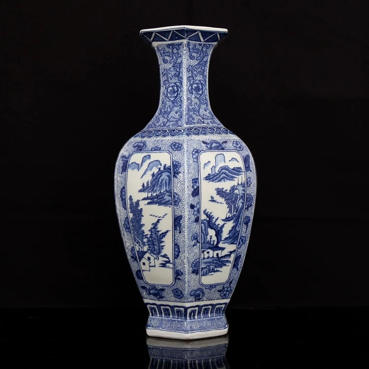 Qing Qianlong year mark hexagon vase Jingdezhen antique blue and white landscape pattern porcelain large floor vase