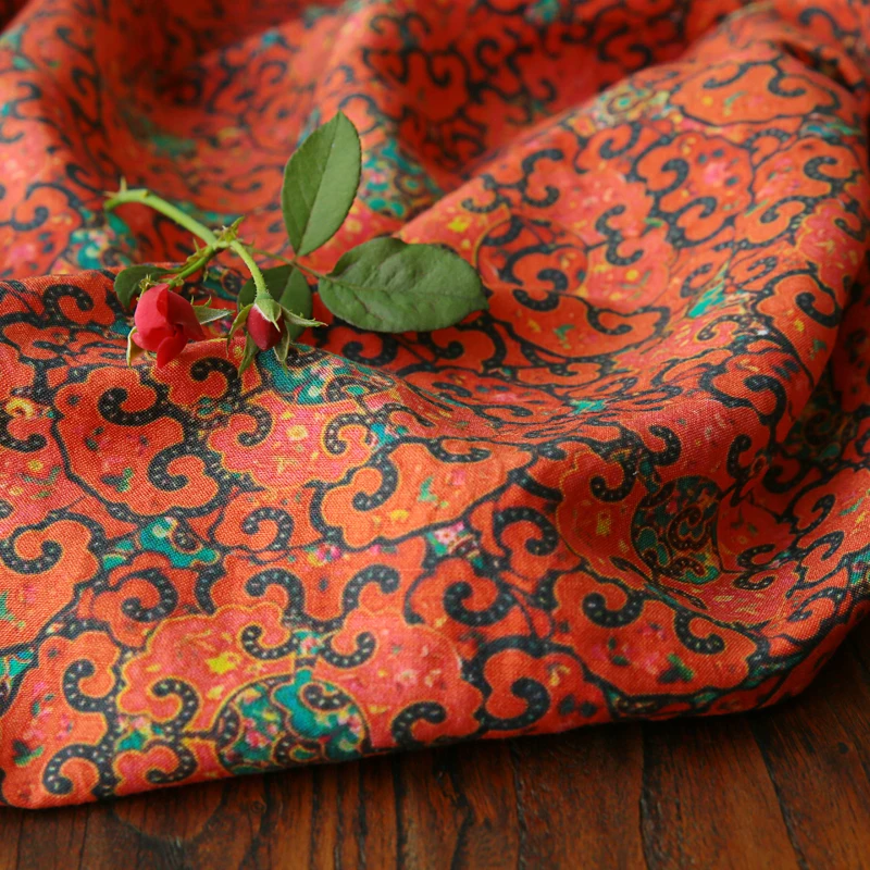 High quality spun silk flax fabric Orange colour tissu Qipao clothes in autumn and winter fabics