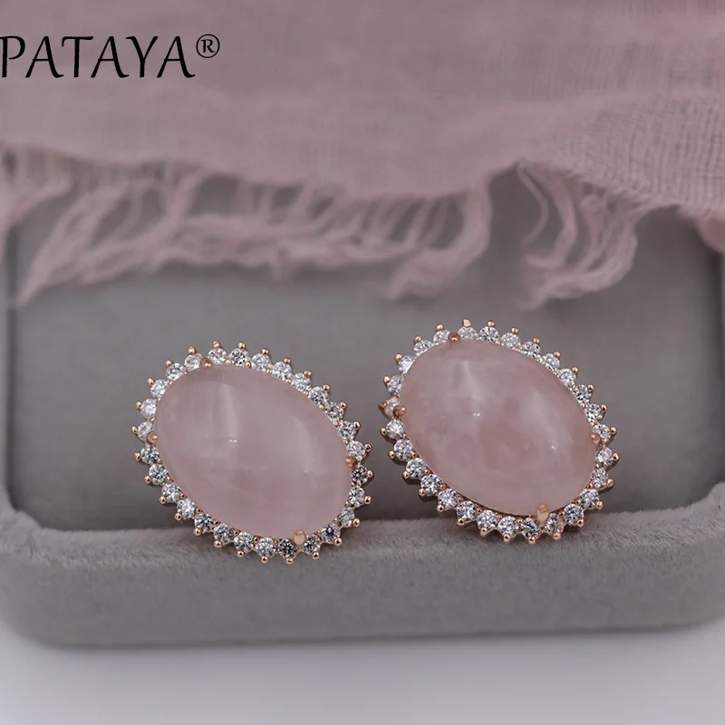 PATAYA New Arrivals Onyx Natural Stone Big Dangle Earrings For Women White Cubic Zircon  585 Rose Gold Color Wedding Jewelry