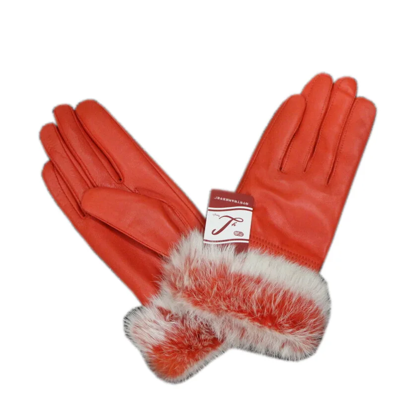 2019  Winter Rabbit Fur Genuine Leather Gloves Women Feminino Real Sheepskin Finger Black/Brown Motorcycl Mittens Guantes Mujer