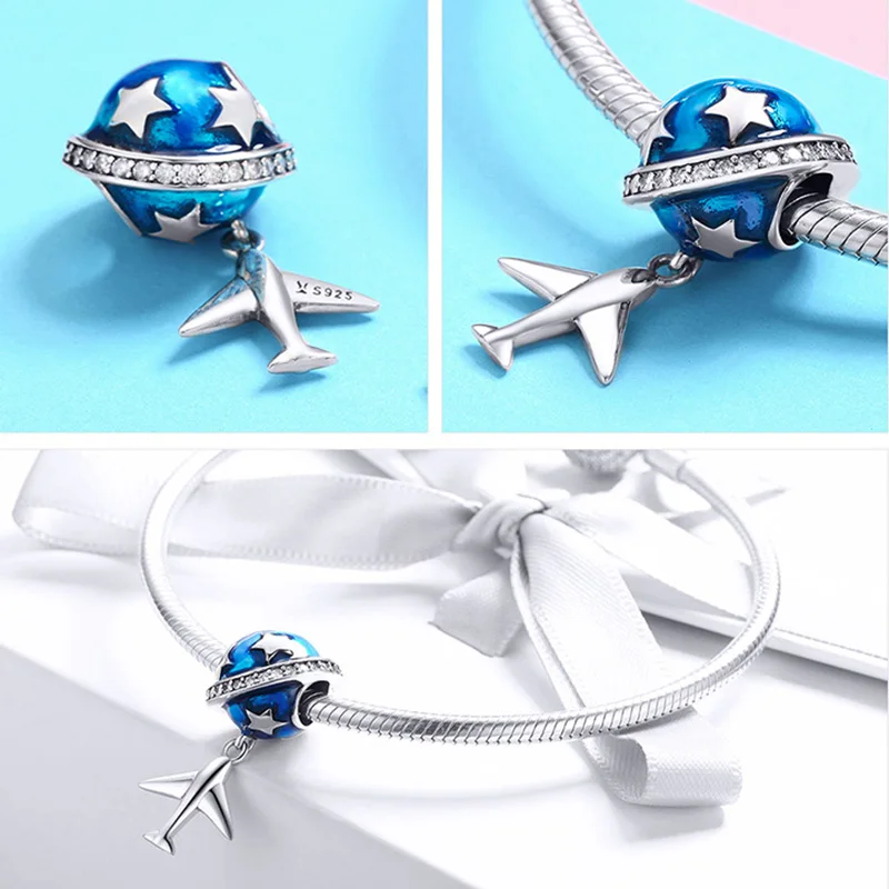 Wostu Reizen Rond Wereld Bedels 100% 925 Sterling Zilveren Vliegtuig Blauw Kralen Fit Originele Armband Hanger Diy Ketting Sieraden