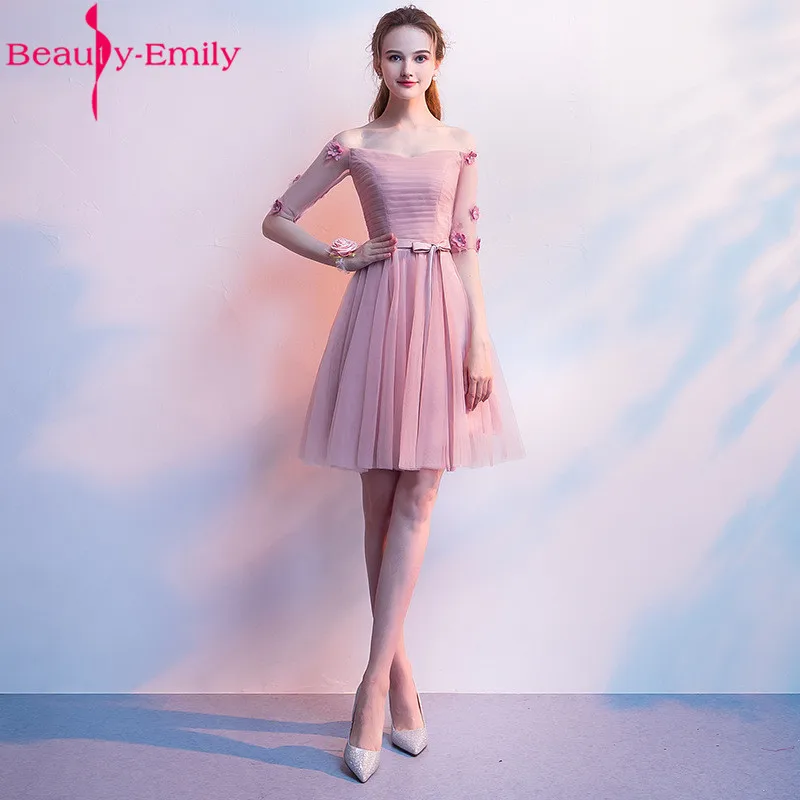 

Beauty Emily Elegant Boat Neck Bridesmaid Dresses Vestido Madrinha 2019 Charming Dust Pink Wedding Guest Dress with Appliques