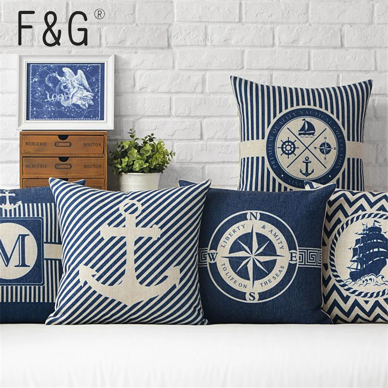 

Coussin ScandinaOcean Sea Ship Anchor Blue Stripe Compass Boat Cushion Cover Cotton Linen Pillow Case Home Sofa Decoter Cojines