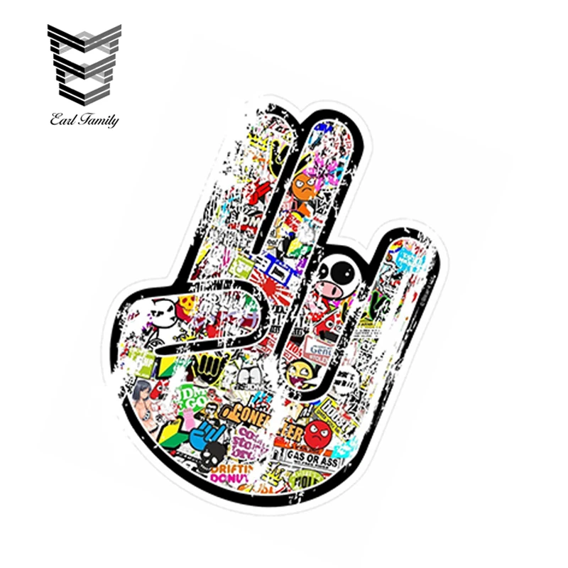 EARLFAMILY 13cm x 10.5cm Distressed Aged THE SHOCKER HAND With Multi Colour Stickerbomb Motif Vinyl Car Sticker Decal