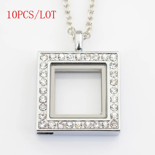 10PCS/LOT,25mm square floating lockets with rhinestones,with free 50-55cm chain FN0018