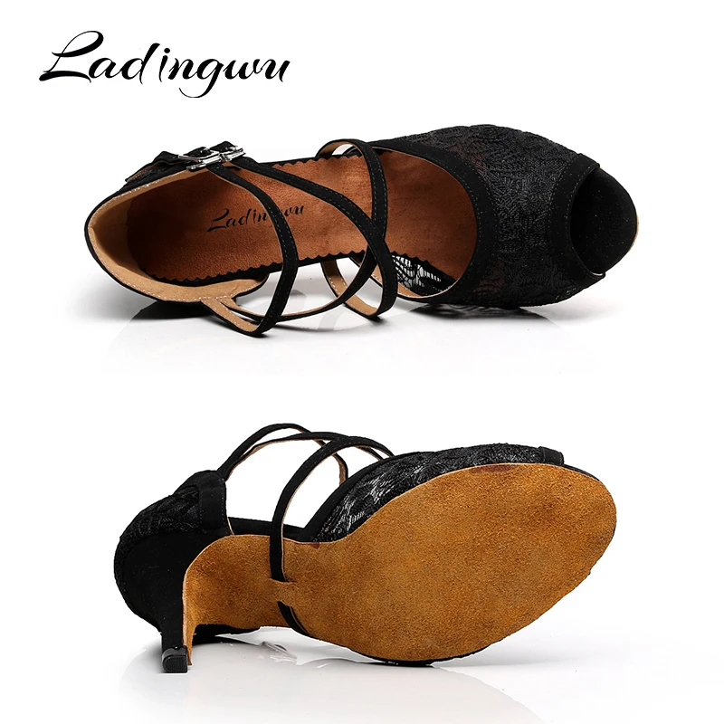 Ladingwu Lace Latin Dance Shoes For Woman Ballroom Dancing Shoes For Women Salsa Performance Dance Shoes For Red Black Brown