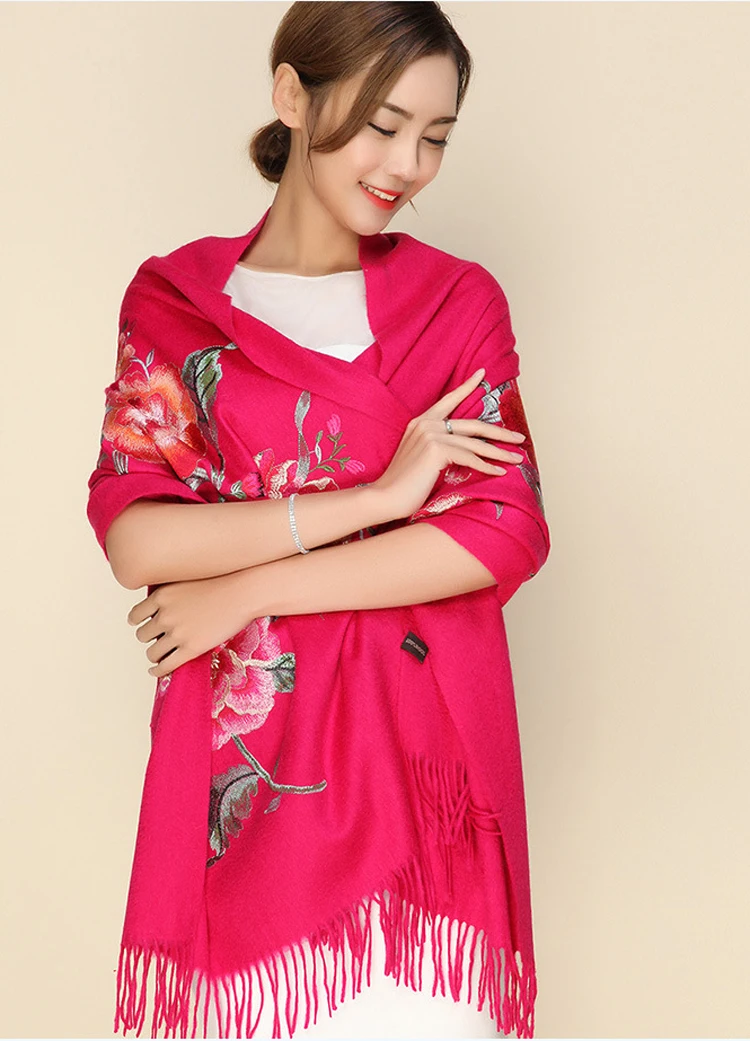 Embroidery Cashmere Scarf Winter Women Tassel Floral Pashmina Hijab Flowers Thick Scarves Long Shawls Size 200*70cm