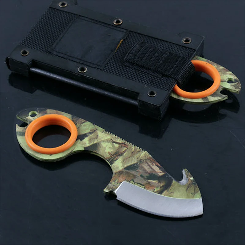 Portable small straight knife camouflage covered handle with sleevecan and hook blade Outdoor camping fishing tool knife