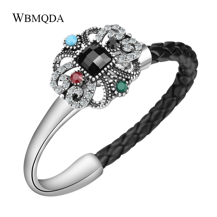 Punk Black Leather Bracelets For Women Vintage Silver Color Crystal Hollow Bow Knot Bracelet Bangles Fashion Jewelry 2018