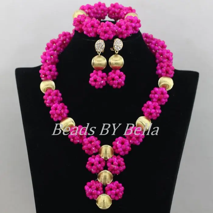 Hot Opaque Fuchsia Crystal Beads Balls Necklace Nigerian Wedding African Beads Bridal Jewelry Sets  ABF452