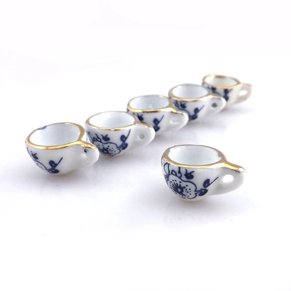 50pcs/lot Blue Flower Printed Antique Chinese Style Teacup Pendants 16x11x9mm Ceramic Charms For DIY