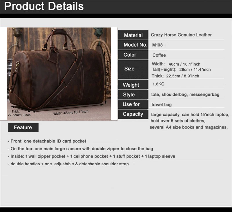 Vintage Crazy Horse Genuine Leather Men\'s Travel Bag Of Trip Men Leather Duffle Bag Large Luggage Bag Tote Weekend Bag Overnight