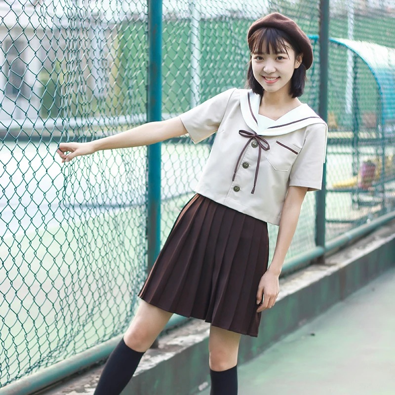 Japanese School Uniforms For Women Milk Tea Sailor Suit Cute Girls Student JK Uniforms Tops + Coffee Pleated Skirts