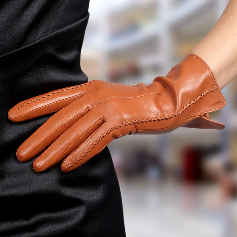 High Quality Elegant Winter Women Genuine Lambskin Leather Gloves Autumn And Thermal Hot Trendy Female Glove L085NC-5