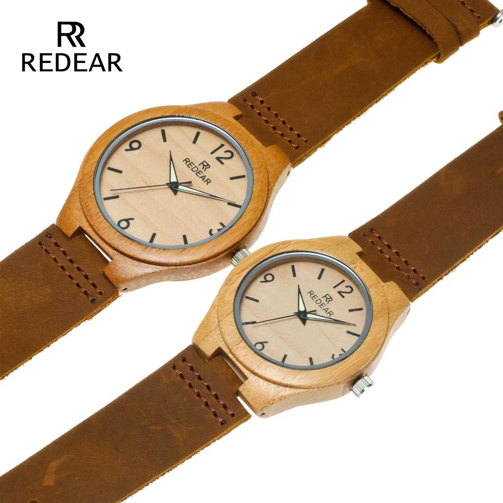 REDEAR amante relojes clásico de madera de bambú de relojes con luz de la noche de puntero de cuero Real para las mujeres Unisex regalo en caja de regalo