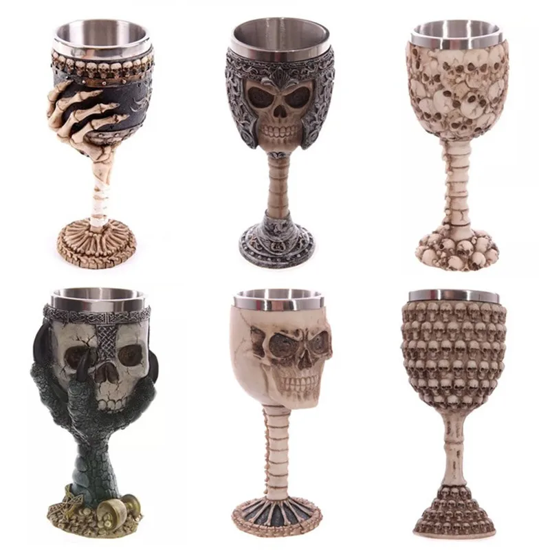 

200ml Double Wall Resin Stainless Steel 3D Skull Drinking Mug Personalized Dragon Bone Skull Metal Wine Goblet Cup