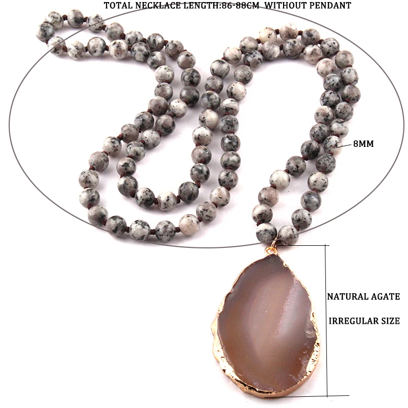 Fashion Semi Precious Stones Long Knotted Stone Agat Drop Pendant Necklaces Women Ethnic Necklace