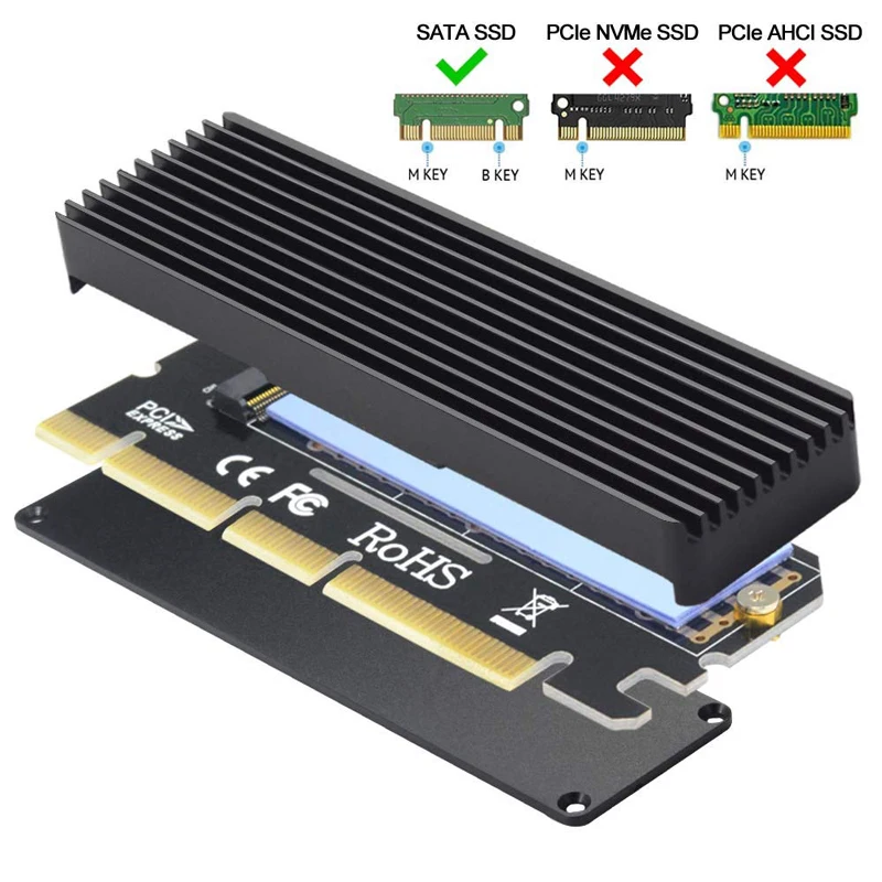 PCI Express 3.0 x16 x8 x4 to PCIe-Based M Key M.2 NVMe and AHCI SSD Adapter Card with Aluminum Case Heat Sink and Thermal Pad