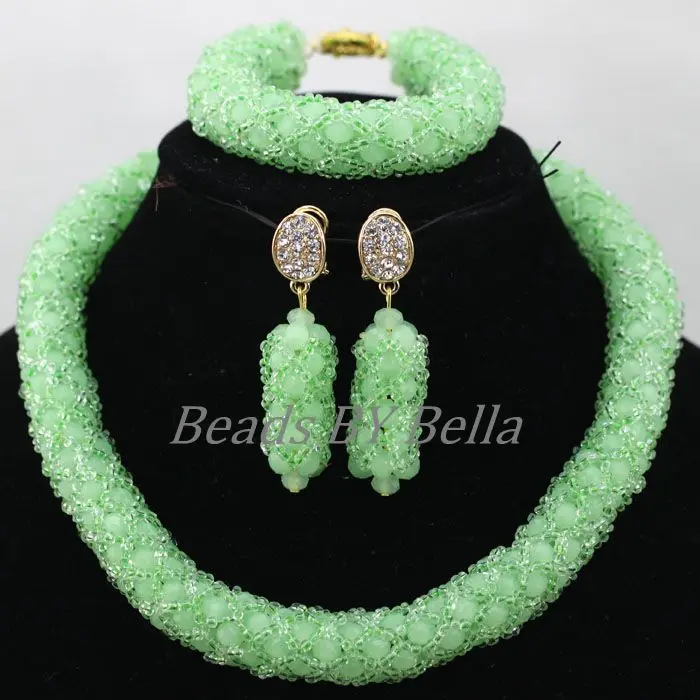 

Single Row African Braid Wedding Beads Lace Jewelry Sets Green Crystal Nigerian Women Choker Necklace Set Free Shipping ABK470