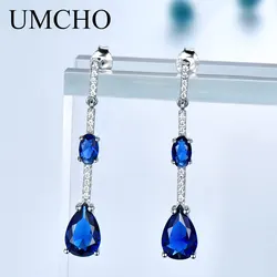 UMCHO Solid 925 Sterling Silver Drop Earrings For Women Blue Sapphire Earrings Wedding Handmade Jewelry Simple Modern Gift