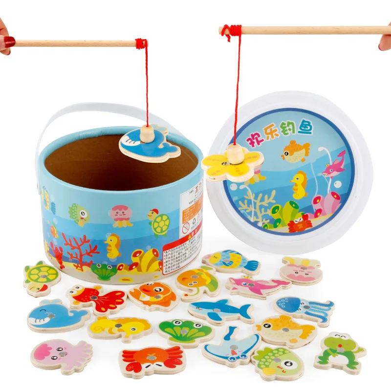 3D Wooden Magnet Fishing Toys Set Simulation Play House Wood Magnetic Learning Funny Fish Puzzle Game For Children Baby Gifts