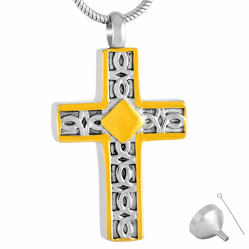 9220	Cremation Jewelry Urn Pendant Memorial Ash Keepsake Stainless Steel Necklace- Golden Gothic Cross