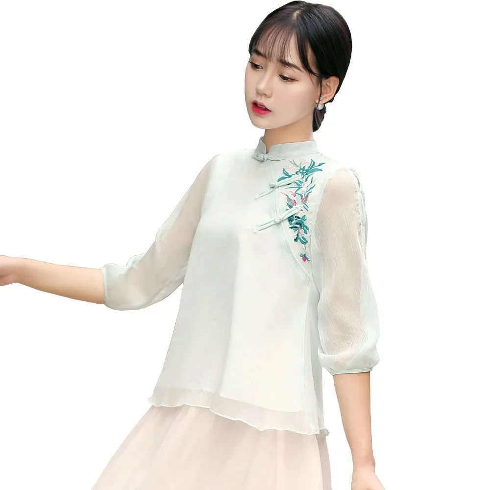 Shanghai Story New Arrival mandarin collar traditional Chinese tops Hanfu cheongsam Shirt 3/4 Sleeve chinese Blouses for women