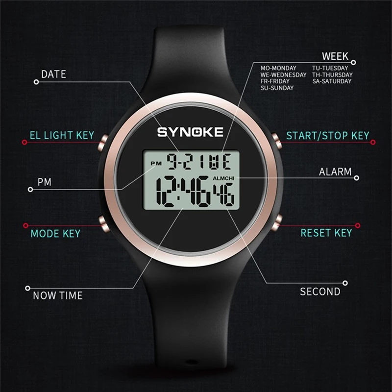 SYNOKE Women Watch 38mm Digital Watches Sports Silicone Strap Waterproof Ladies Clock