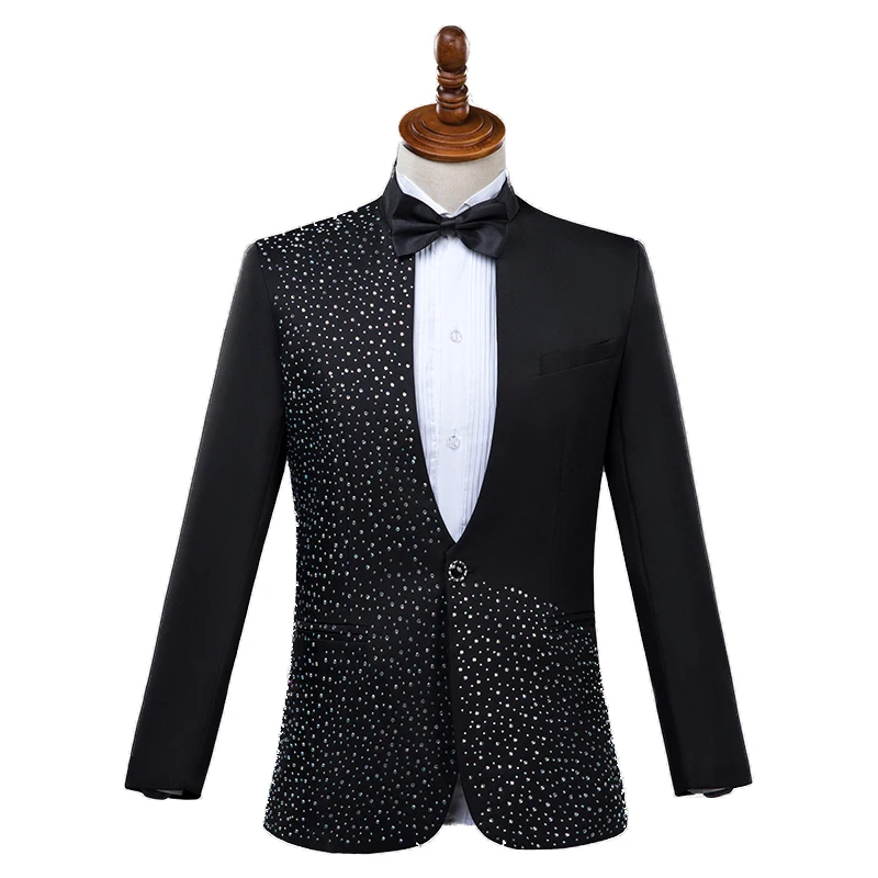 (Jacket+Pants) Formal male suits black white Shining Diamond suit 2 piece sets host singer dancer Master for Wedding costumes