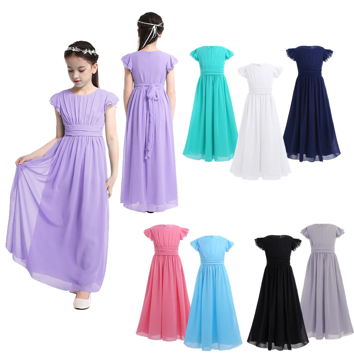 iEFiEL Sleeveless Kids Teenage Flower Girl Dress Floor Length Pageant Wedding Party Formal Occassion Wedding Girls Tulle Dress