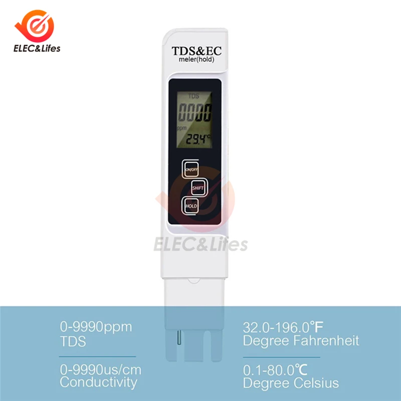 Portable TDS EC Meter Temperature Tester pen 3 In1 Function Conductivity Filter Measuring Water Quality Purity Tester 0-9990ppm