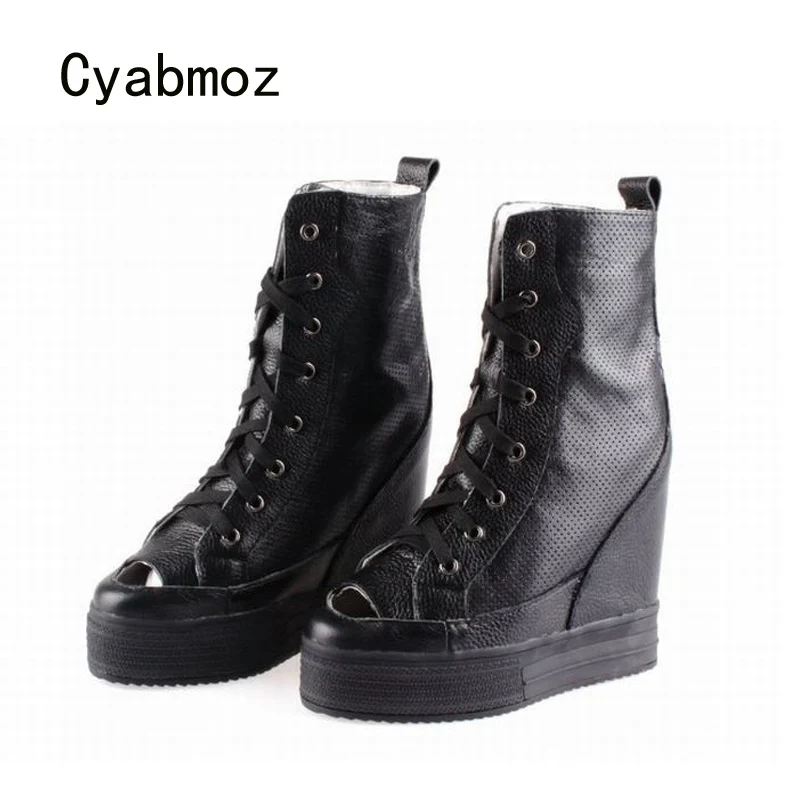 Cyabmoz Women High top Lace up Genuine leather Height increasing Peep toe Wedge Ankle boots Ladies Woman Shoes Zapatos mujer