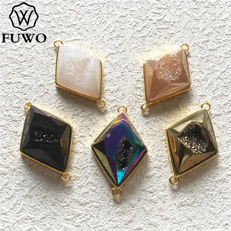 

FUWO Wholesale Aura Rainbow Rhombus Quartz Pendant Faceted Druzy Connector With Golden Bezel Trimmed For Jewelry Making PD246