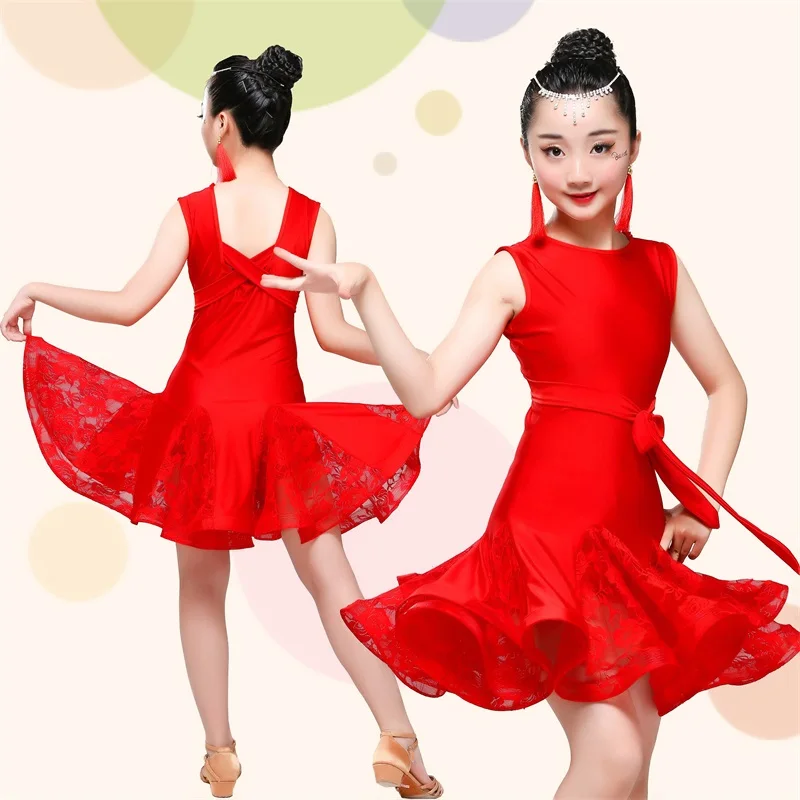 Disfraz de baile latino para niñas, vestido de encaje sin mangas para práctica de baile flamenco, D-0277, 5 uds.