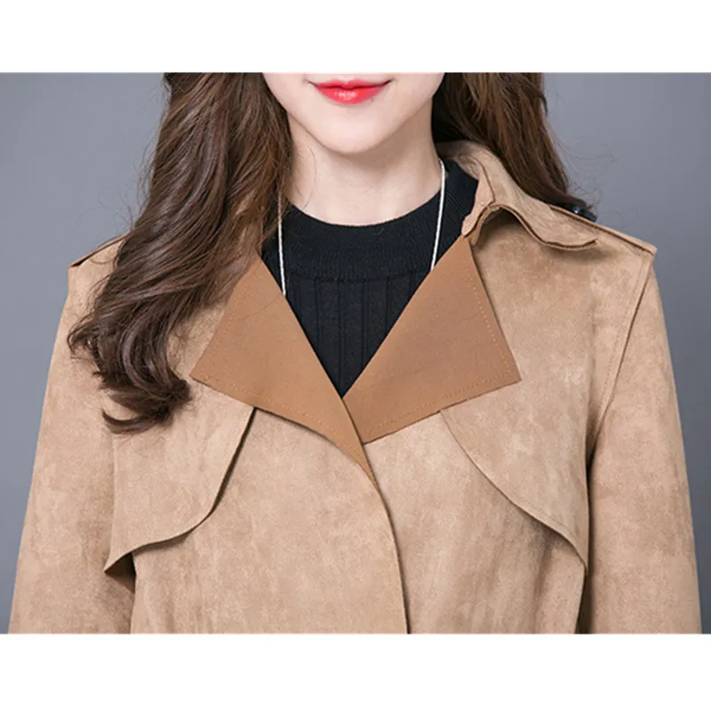 6XL Spring Autumn Women Buckskin Suede Windbreaker Coats Fashion Solid color Belt Slim Female Trench Coat IOQRCJV Q098