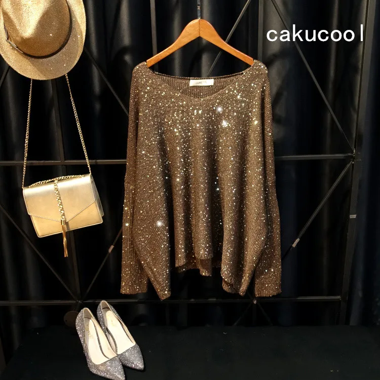 Cakucool Shiny Lurex Knit Tops Women Batwing Long Sleeve Big O-neck Sequined Sweaters Shiny Loose plus size Women Jumper 8color