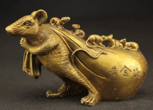 

Exquisite Chinese Brass Statue - Big Mouse Draging Big Gold Bag and Small Mice