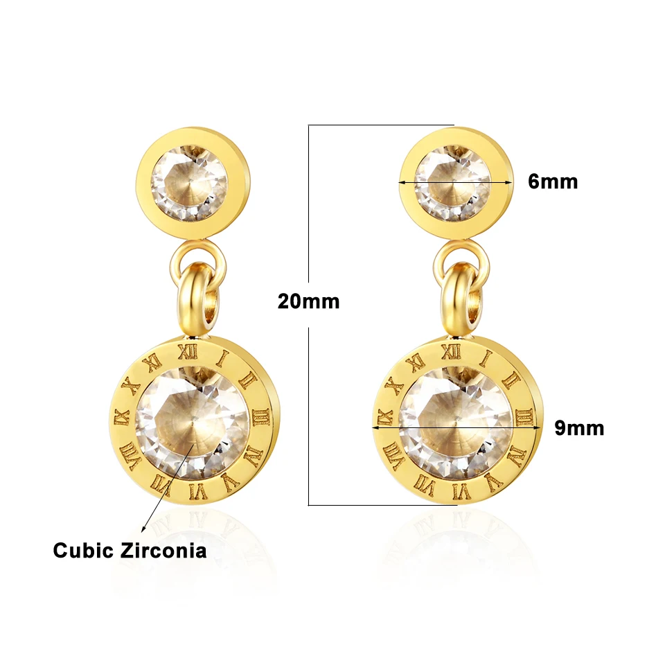 BORASI Simple Temperament Double Round Gold Color Stainless Steel Dangle Earrings Roman Numerals CZ Drop Earrings For Female