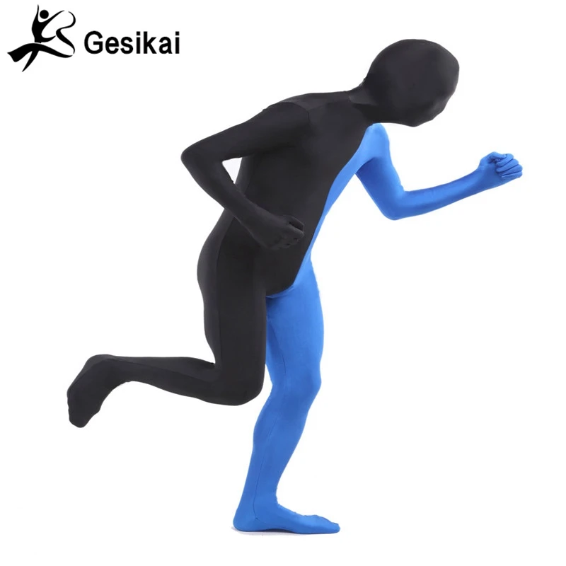 Heren Volwassen Volledig Zentai Bodysuit Gemengde Kleur Spandex Zentai Panty Pak Links Blauw En Rechts Zwart Halloween Kostuum