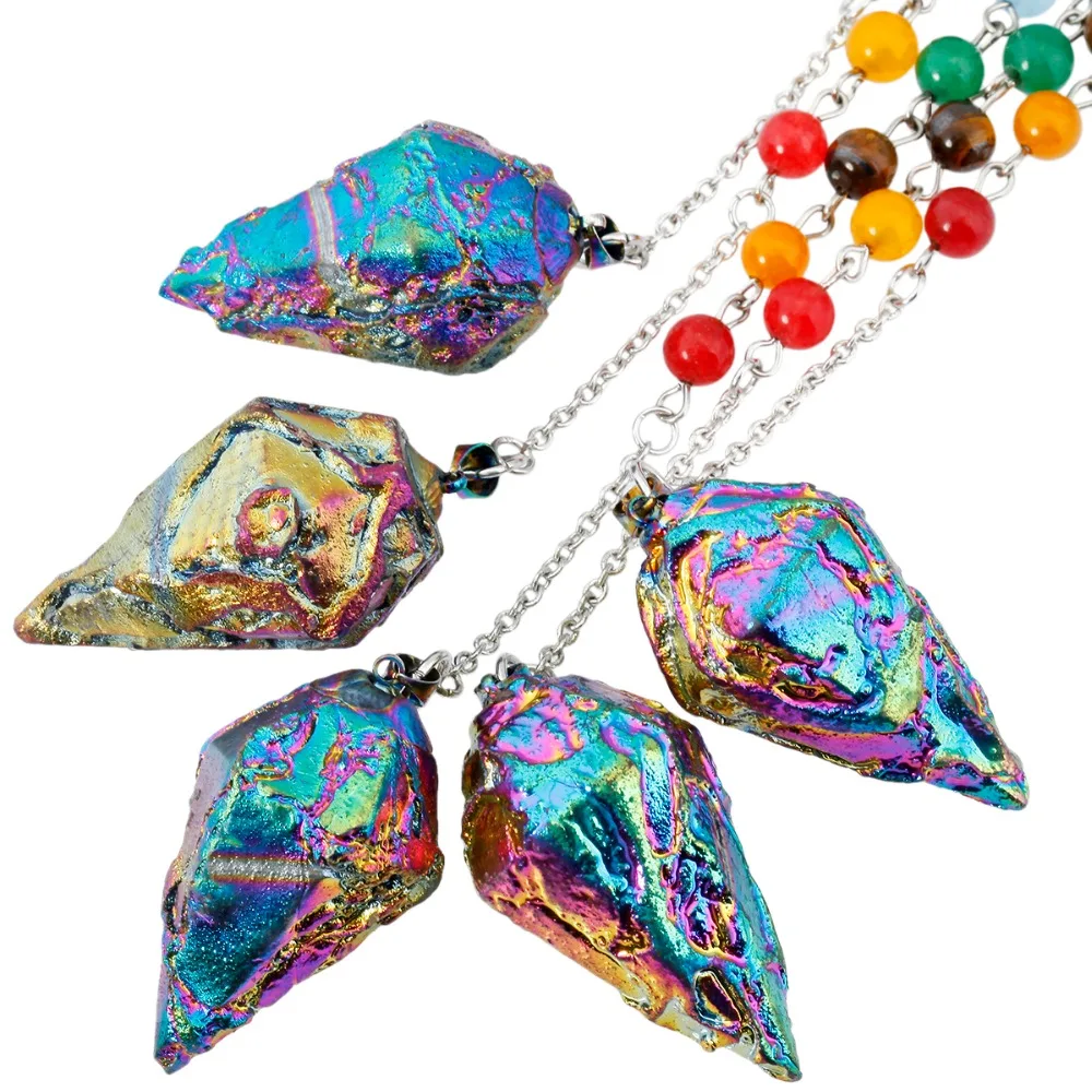 SUNYIK 1Lot (5Pc) Rainbow Titanium Crystal Quartz 7 Chakra Stone Chain Healing Point Dowsing Reiki Divination Pendulum