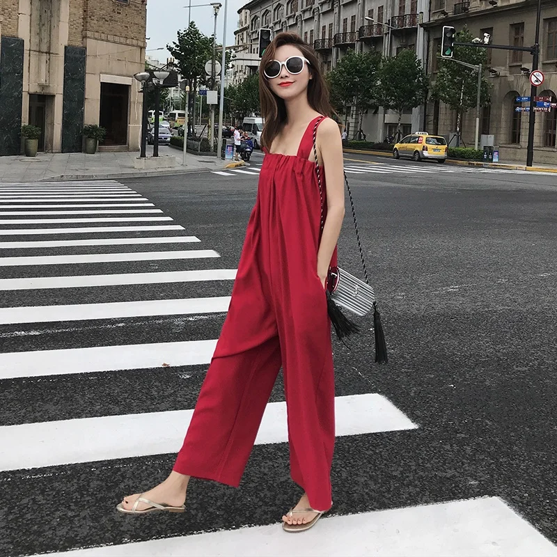 สีแดง Bohemian Jumpsuit 2019 ฤดูร้อนใหม่ Strappy Bohemian พรรค Rompers Beach VINTAGE ยาวขากว้าง Overalls Playsuits กางเกง DD1987