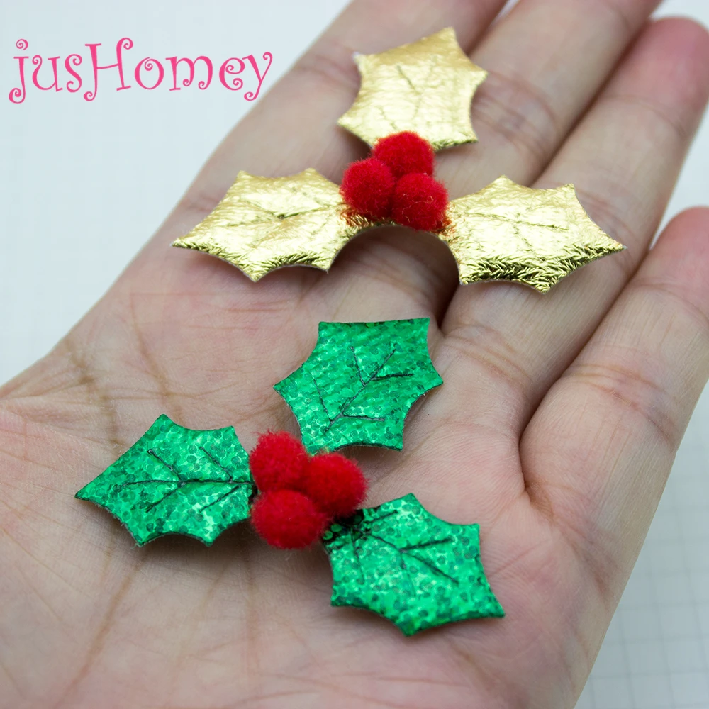 100pcs Glitter Christmas Holly Appliques 50x45mm Gold, Green Holly Leaf w/ Red Pompom Berry for Christmas Decoration, Scrapbook