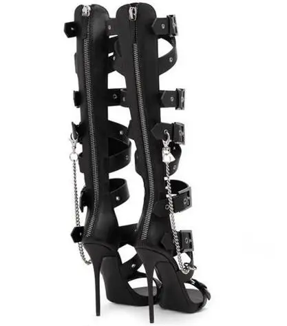 Summer Sexy Ladies Black Metal Buckle Straps Knee High Sandals Boots Stiletto High Heels Metal Chains Women Cut Out Long Boots