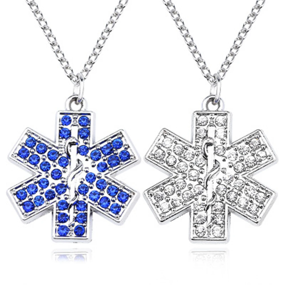 Rhinestone Star of Life Snake Emblem Pendant Necklace 2Color Hexagram Necklace Emergency Medical Symbol Friend Doctor Nurse Gift