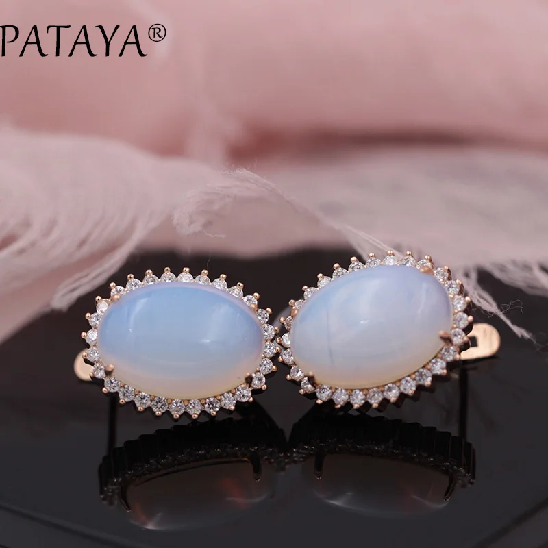 PATAYA New Arrivals Onyx Natural Stone Big Dangle Earrings For Women White Cubic Zircon  585 Rose Gold Color Wedding Jewelry