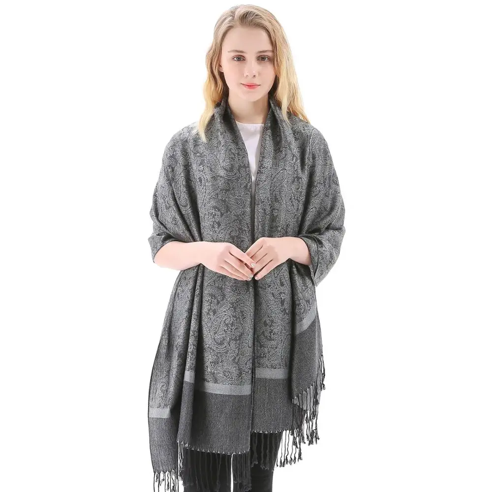 

Pashimina Silk Shawl Scarf Paisley Jacquard Autumn Warp Winter Cashmere Hijab Long 2 Tones Soft High Quality Gift Grey Black