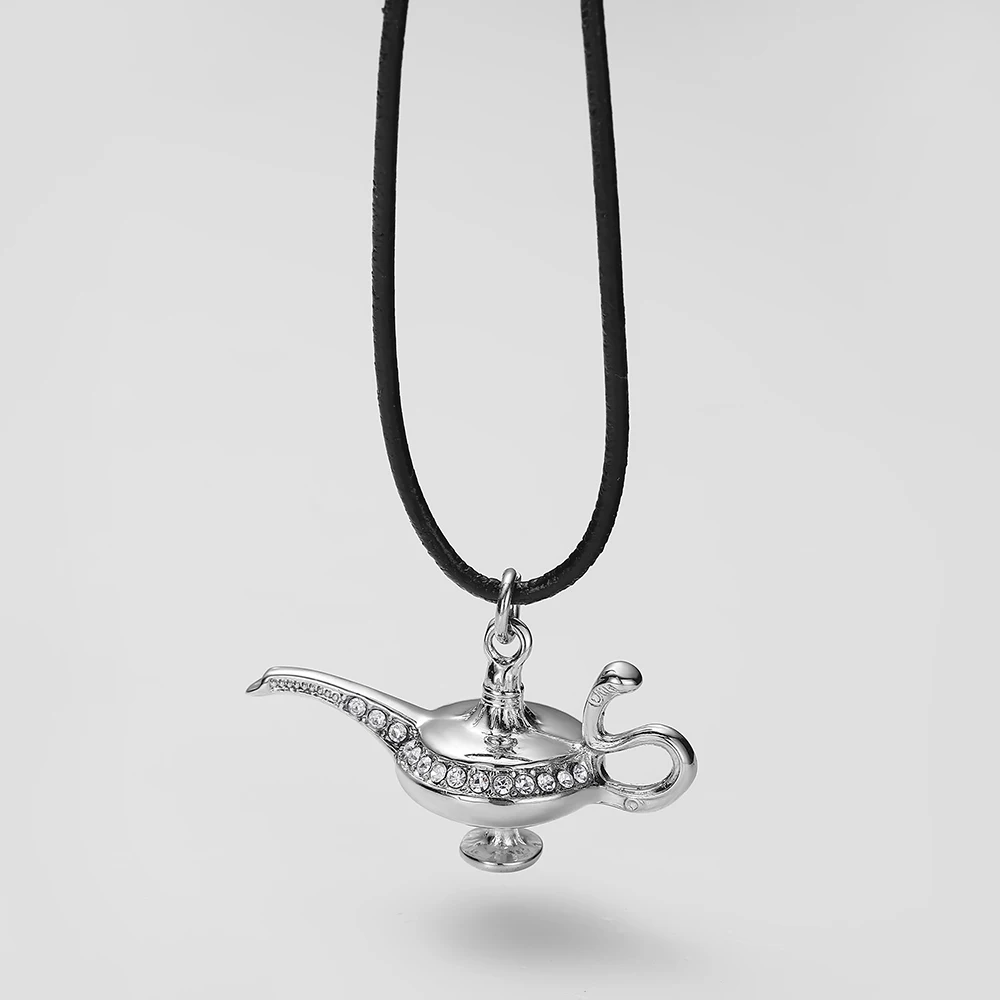 Aladdin Magic Lamp Crystal Necklace Trendy Jewelry Kids Cartoon Goid Pendant Vintage Leather Long Necklaces Women Gift