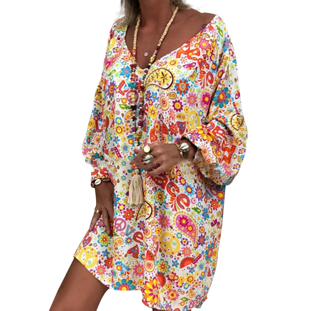 women dresses summer 2021  Multicolor Paisley Print Long Sleeve V Neck Summer Loose Mini Dress vestido de mujer robes for women