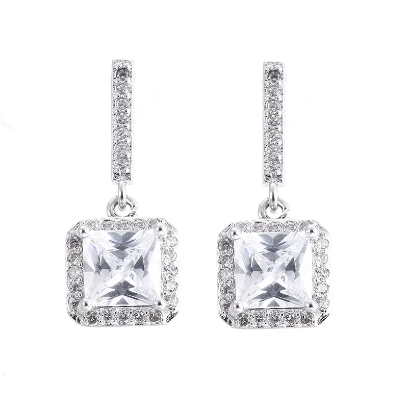 Fine Jewelry Drop Earrings For Women 925 Silver Needle White Gold Plated Wedding Stud Earring Square Cubic Zirconia Stone E033